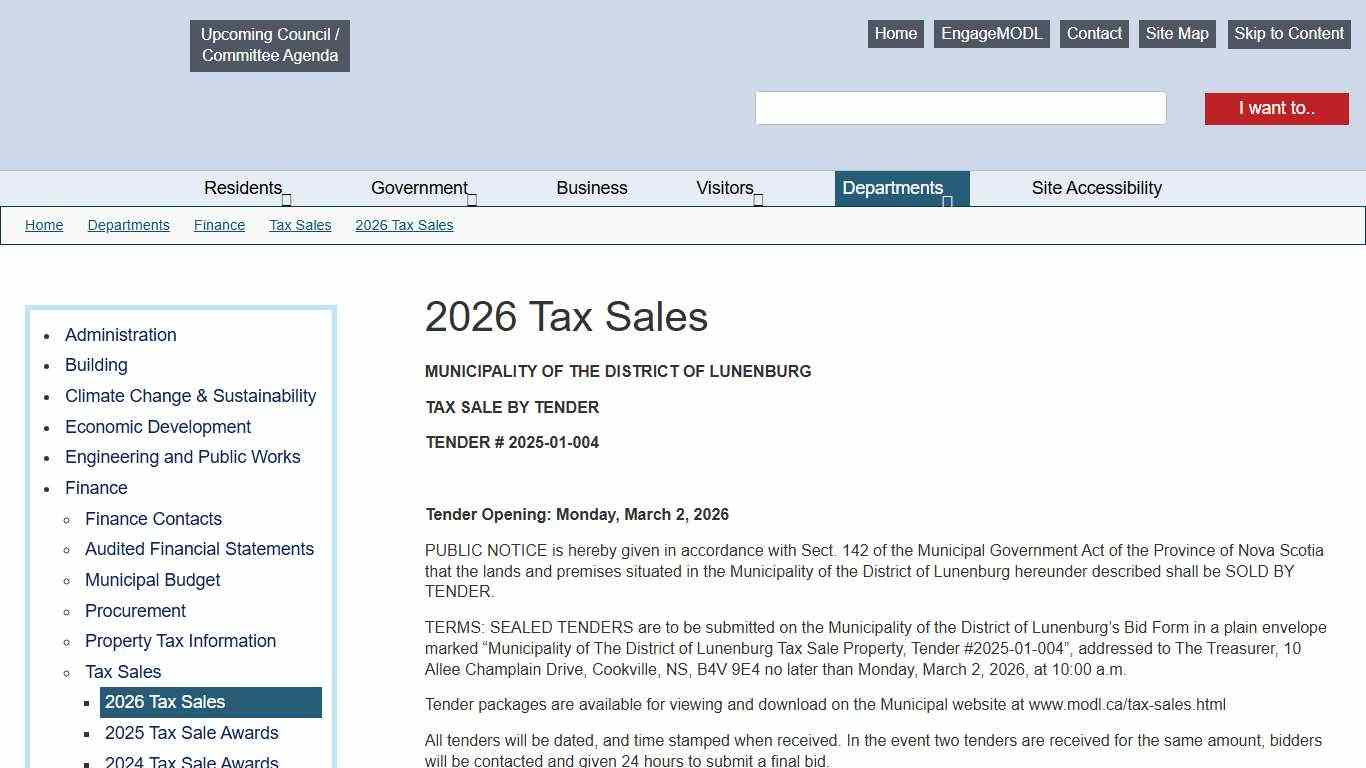 2026 Tax Sales - Municipality of the District of Lunenburg